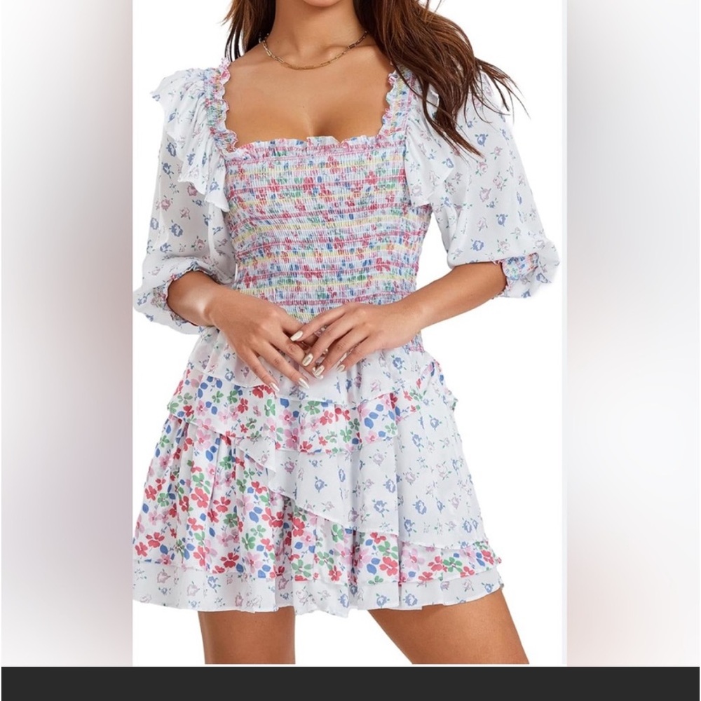 70f/21C Inspired mixed floral prints ruffled party dress puff sleeve square neck